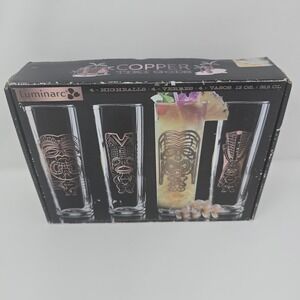NEW! Luminarc Copper Culture Tiki Gods Highball Collins Glass mug tumbler Set
